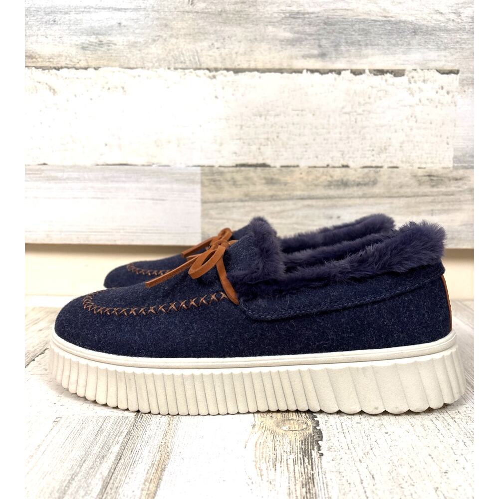 Skechers Womens 9 Navy Blue Platform Moccasin Slip On Ojai Faux Fur Slippers NEW